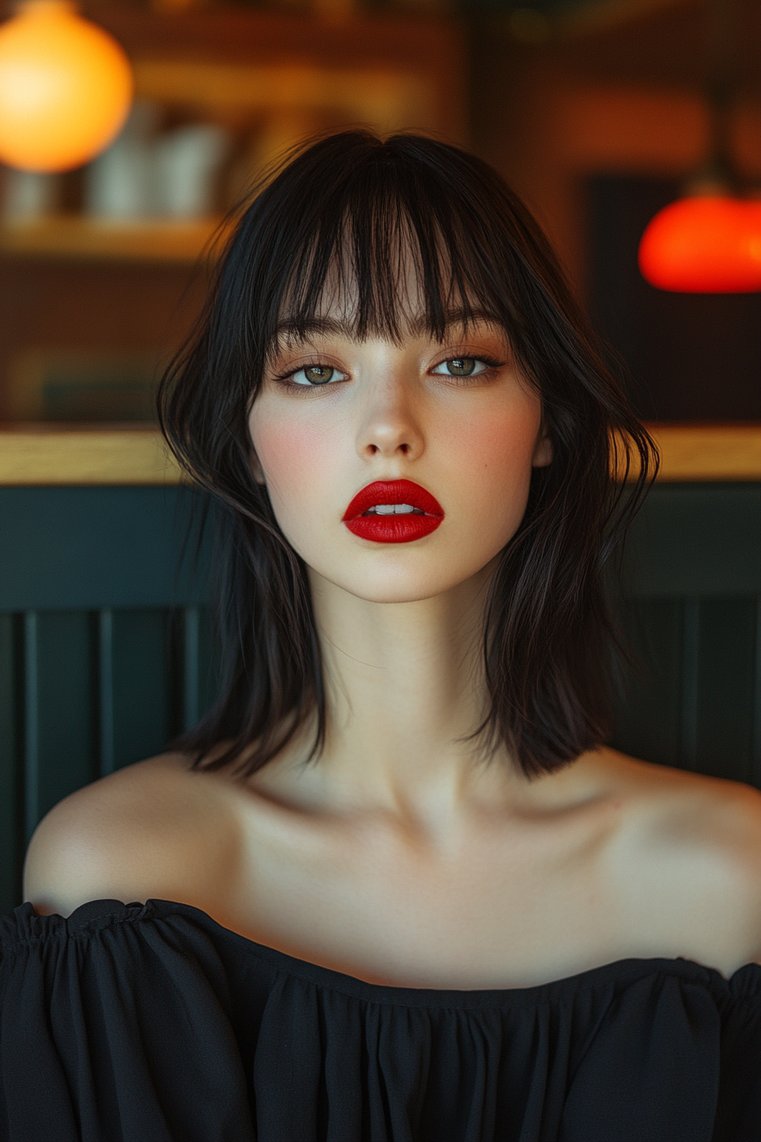 Bold Red Lip and Micro Bangs