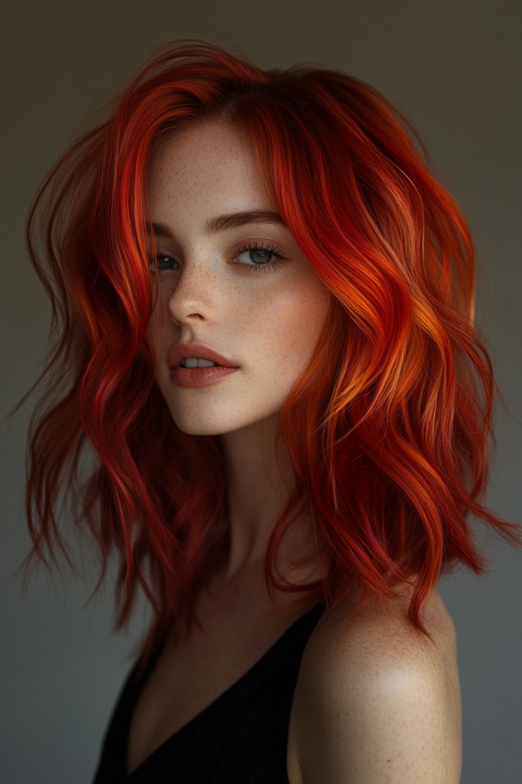 Bright Red Balayage on a Bold Lob