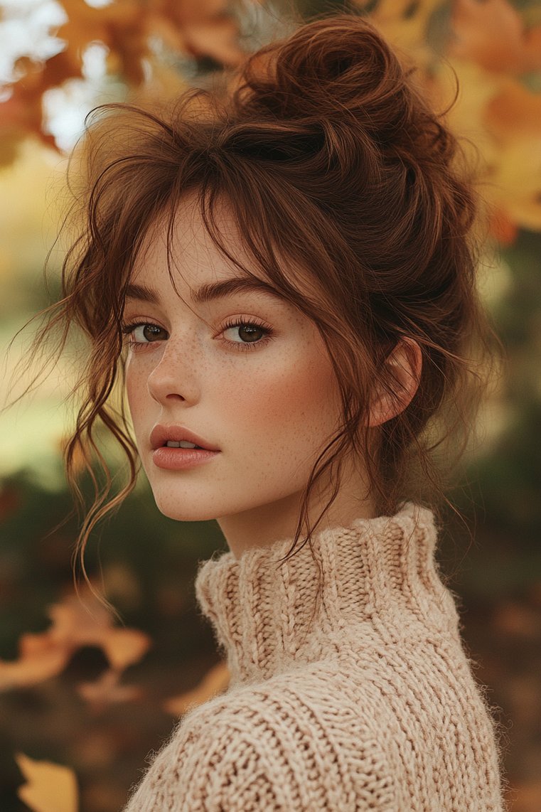 Caramel Highlights With a Messy Bun
