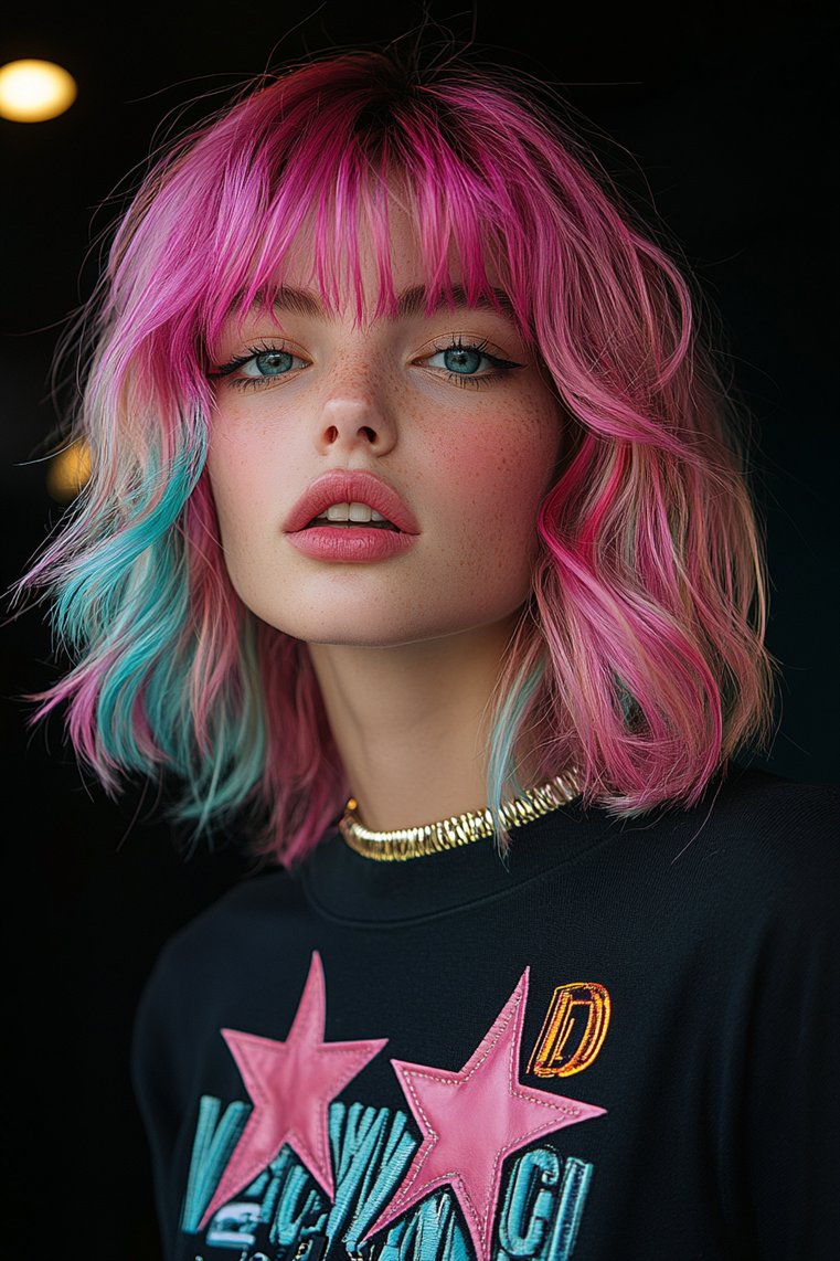 Colorful Hair Highlights With Micro Bangs