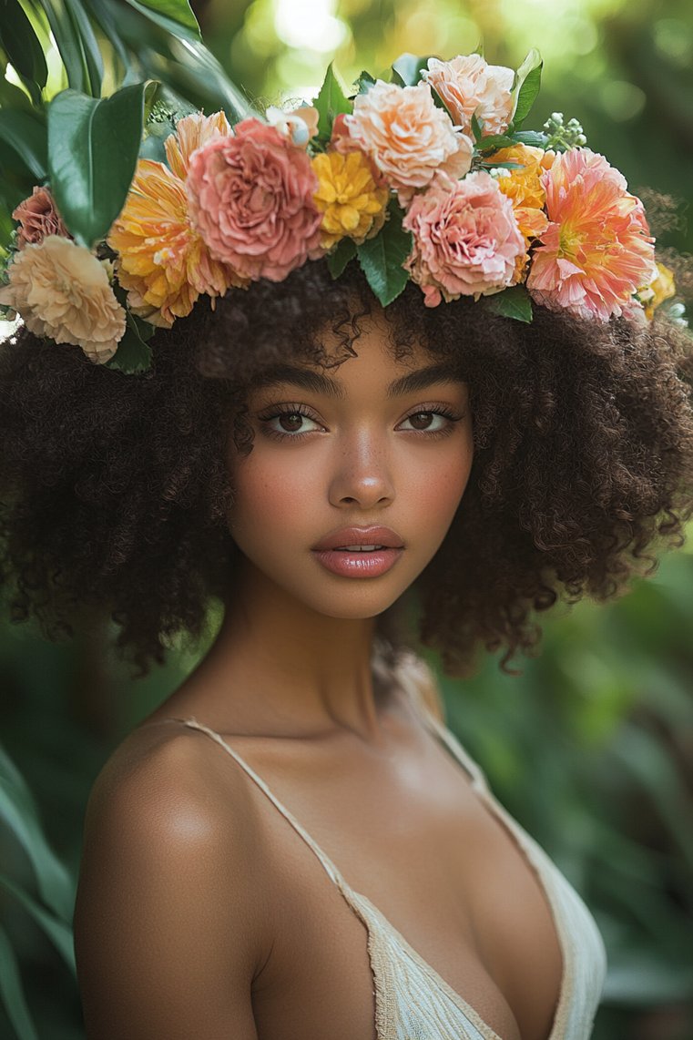 Curly Hair With a Floral Crown