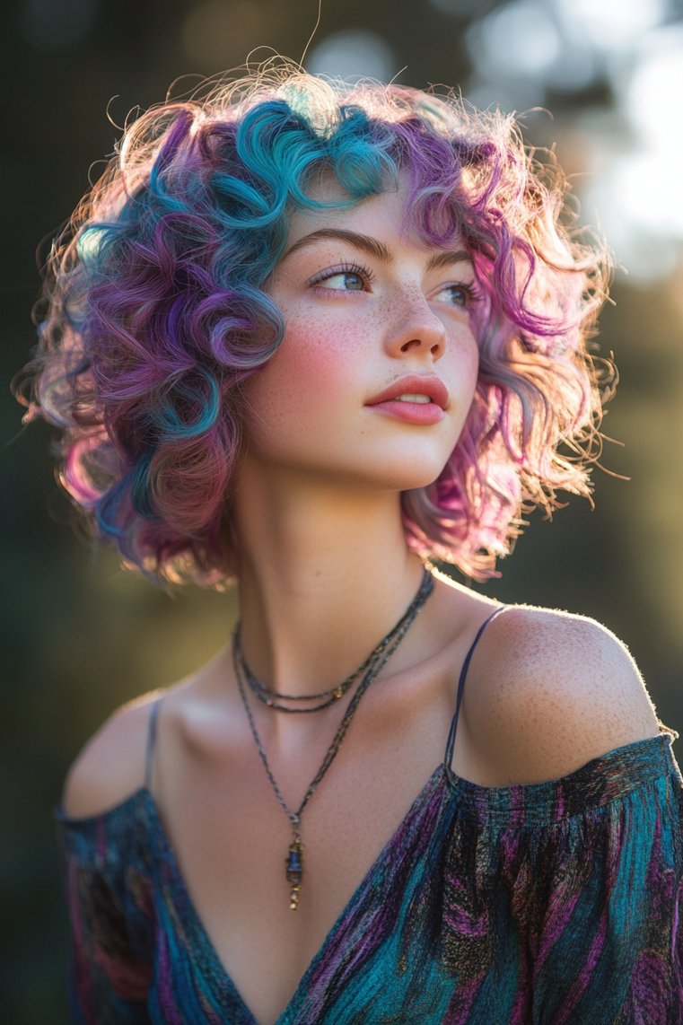 Curly Pixie With Colorful Highlights