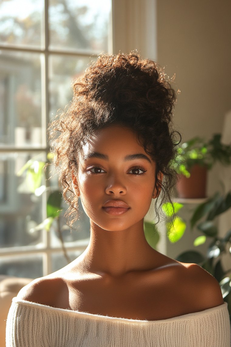 High Bun With Curtain Bangs