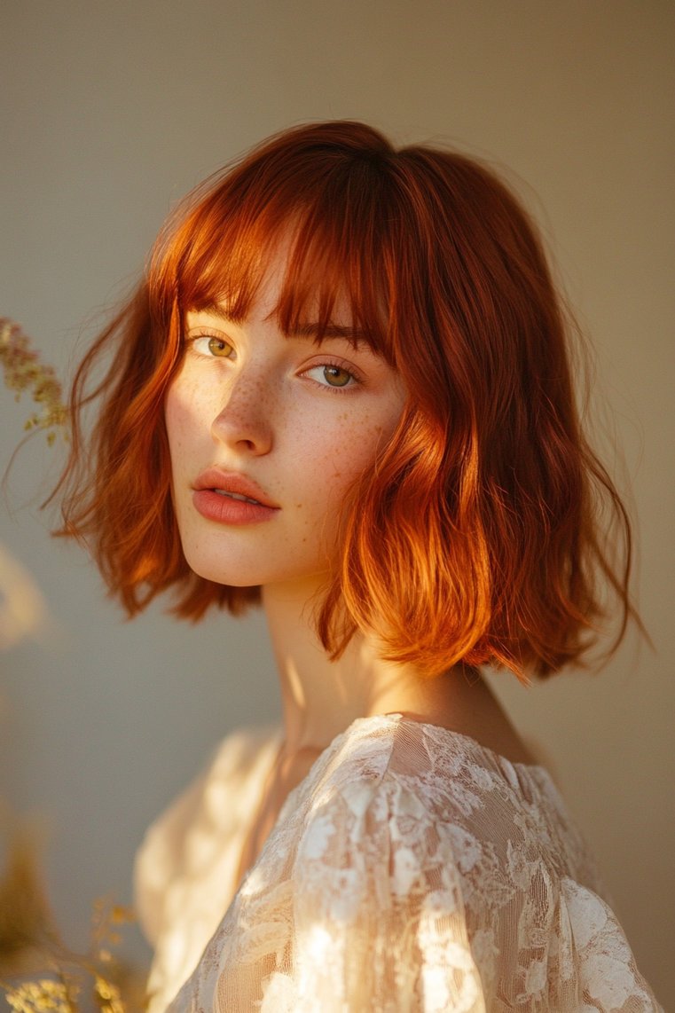 Layered Red Bob With Bangs