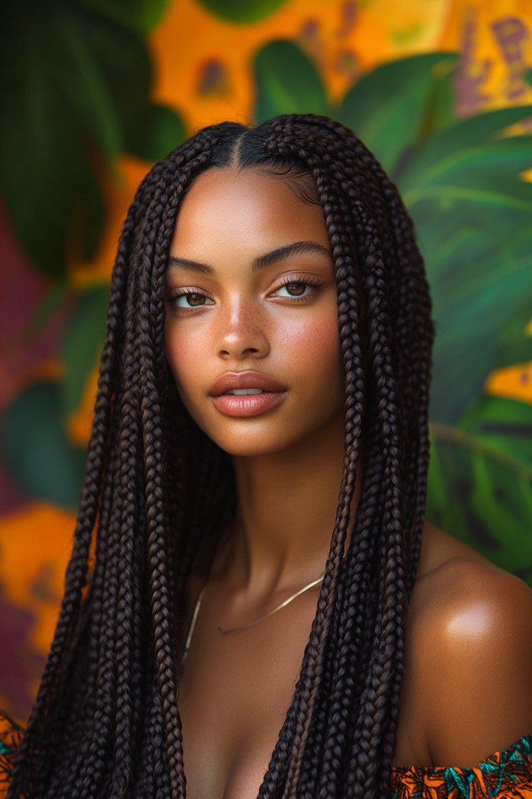 Long Box Braids With a Side Braid