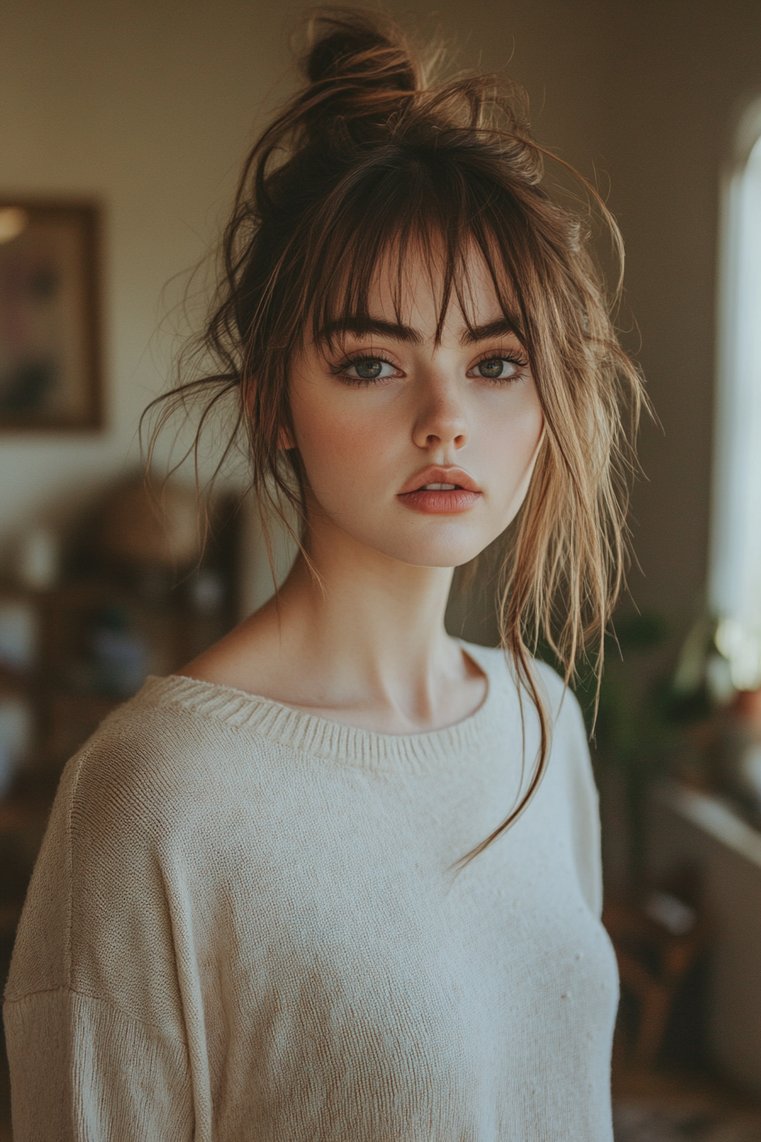 Messy Bun With Curtain Bangs