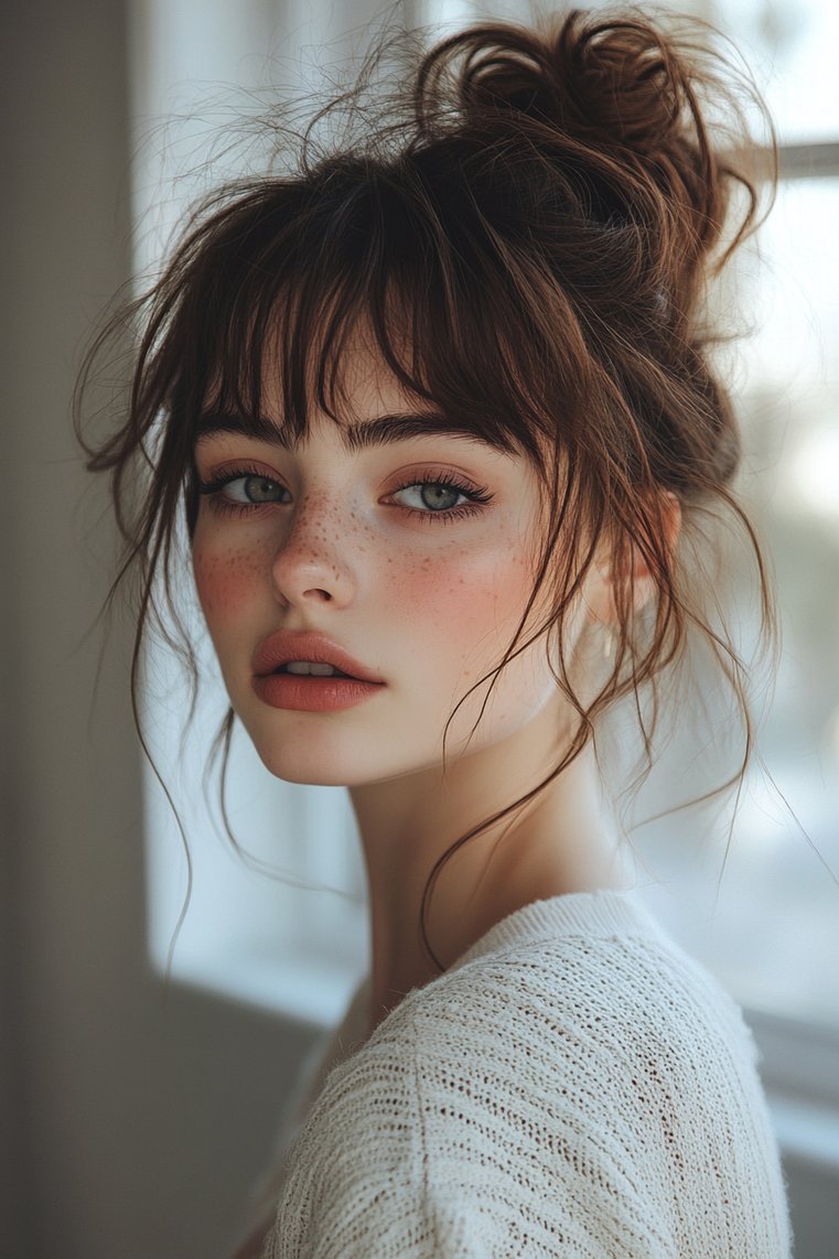 Messy Bun and Micro Bangs Combo
