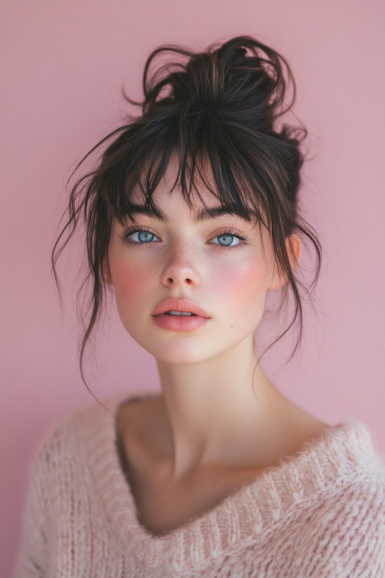 Messy Top Knot With Micro Bangs