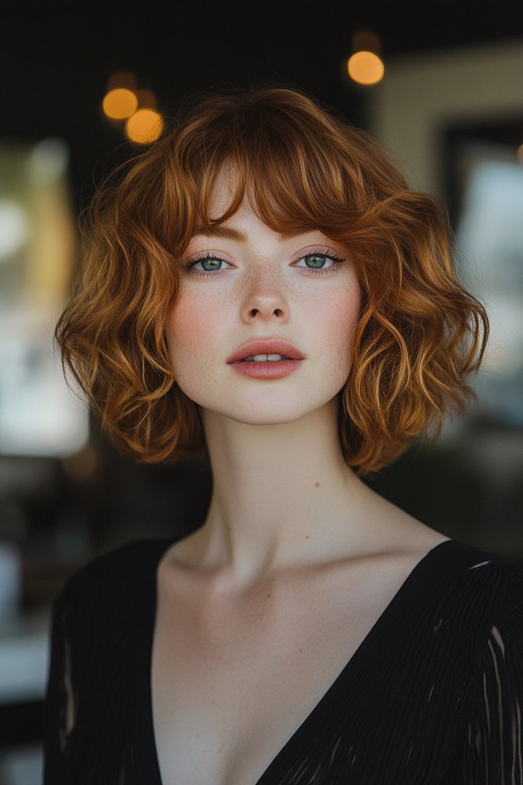 Short Curly Bob With Fringed Bangs