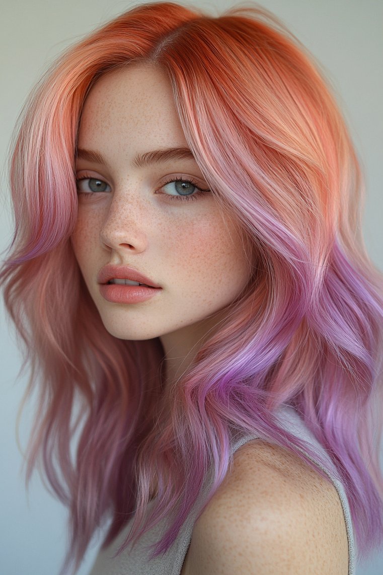 Soft Copper Balayage With Pastel Ends