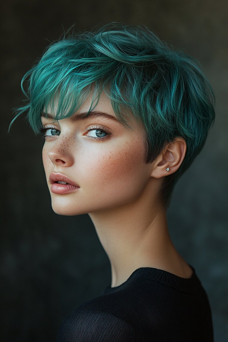 Vibrant Teal Balayage on a Pixie Cut