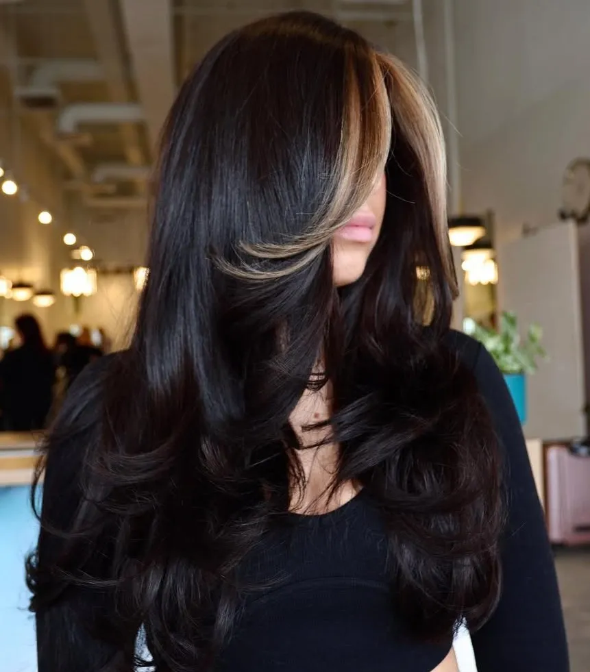 26 long layered haircut with money piece